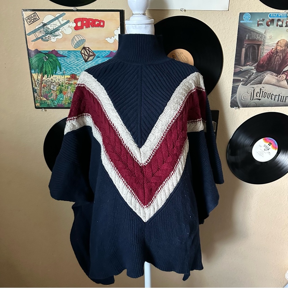 See by Chloé Wool and Cotton Blend Navy Striped Poncho Retails over $400
